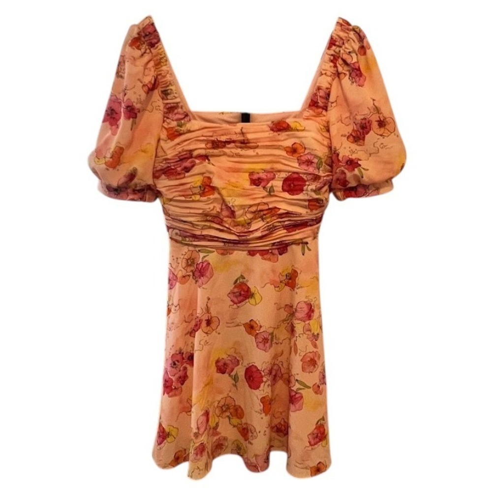 AMUR Floral Puff Sleeve Mini Dress Womens Size 4 Peach Pink Romantic Cottagecore
